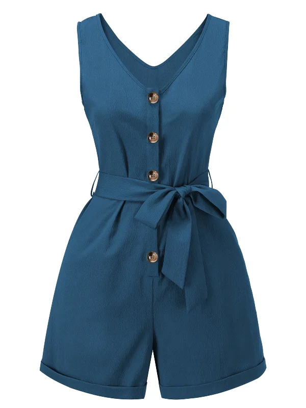 Blue 1950s V-Neck Button Waist Tie Romper