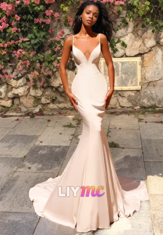 V-Neck Spaghetti Straps Sleek Mermaid Wedding Dress