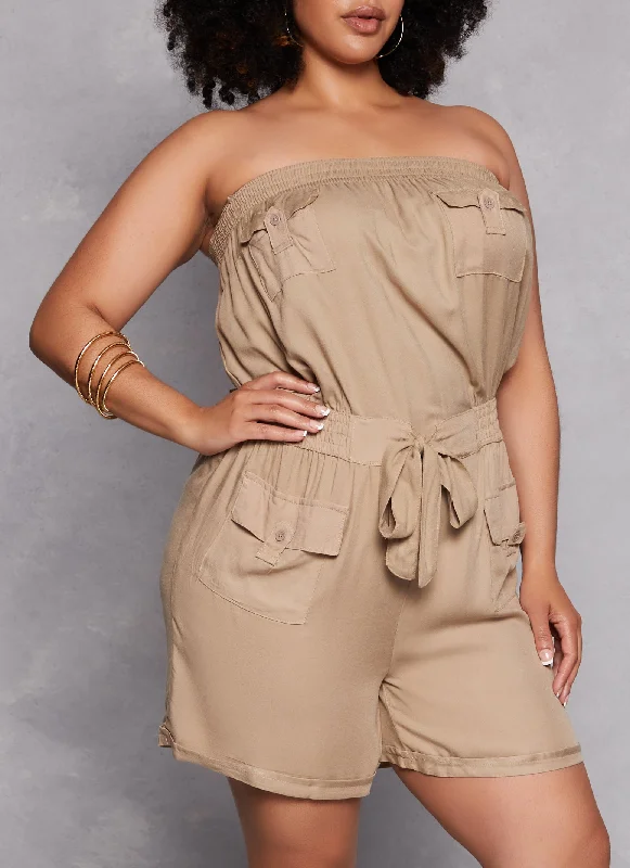 Plus Size Strapless Tie Waist Utility Romper