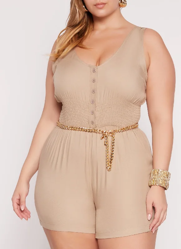 Plus Size Twill Button Front Smocked Waist Romper