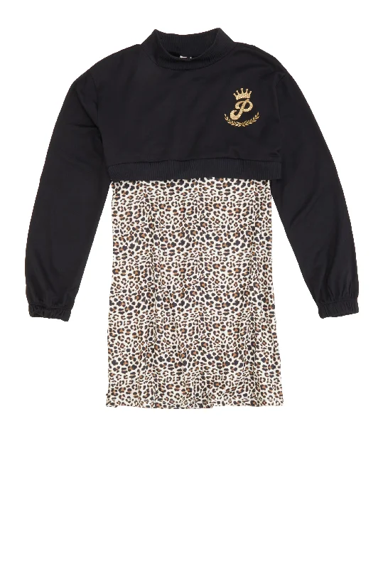 Girls Animal Print Tank Dress with P Initial Graphic Sweatshirt