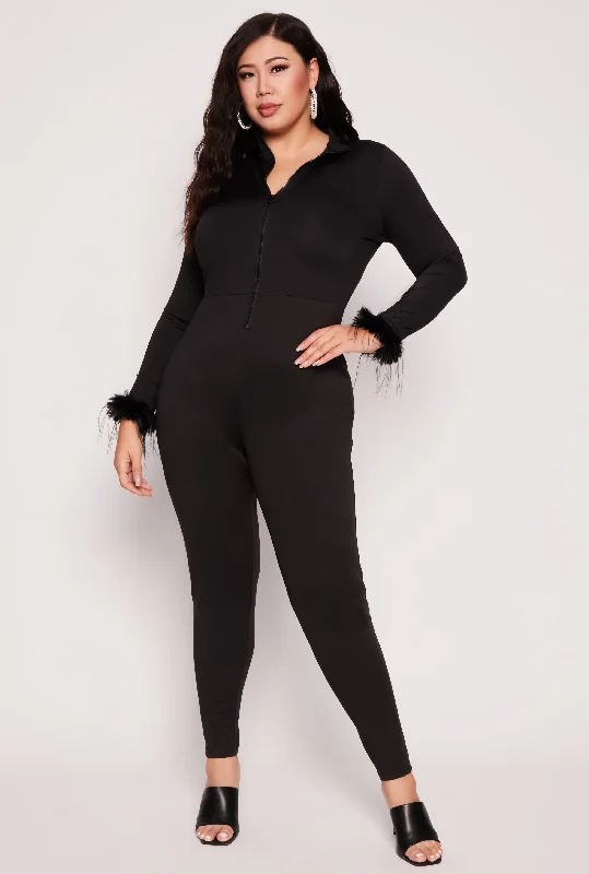 Plus Size Almost Famous Faux Fur Cuff Catsuit