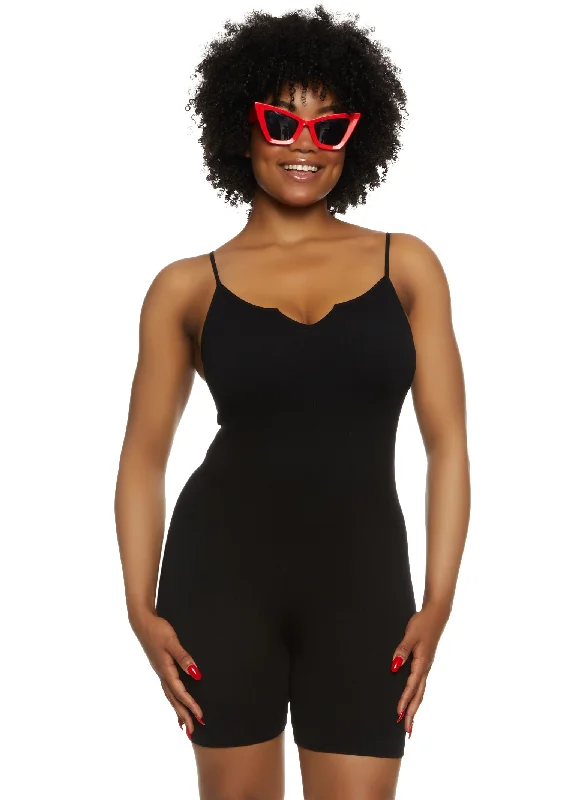 Plus Size Seamless Ribbed Notch Neck Cami Romper