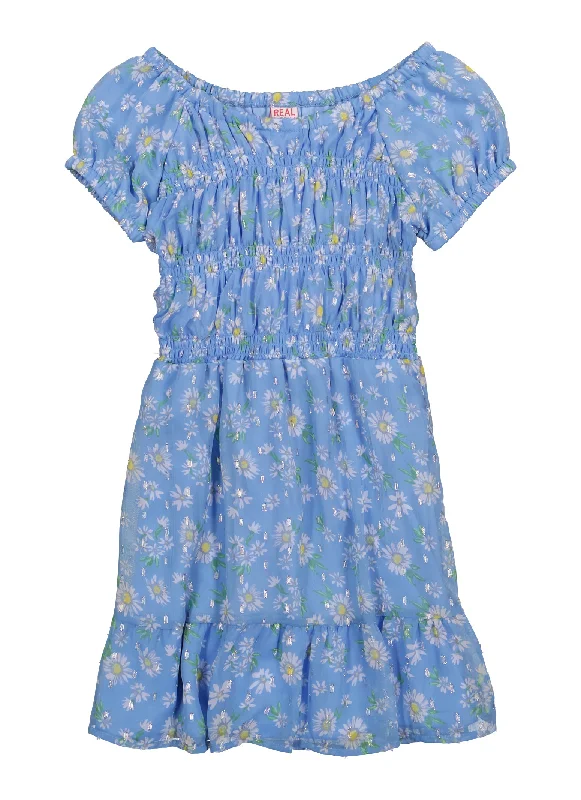 Girls Chiffon Floral Print Smocked Dress