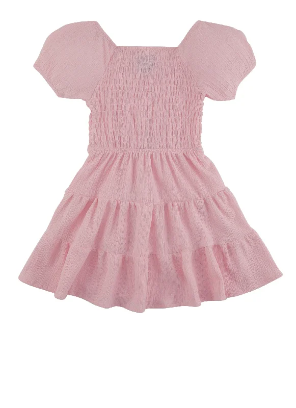 Little Girls Puff Sleeve Smocked Tiered Skater Dress