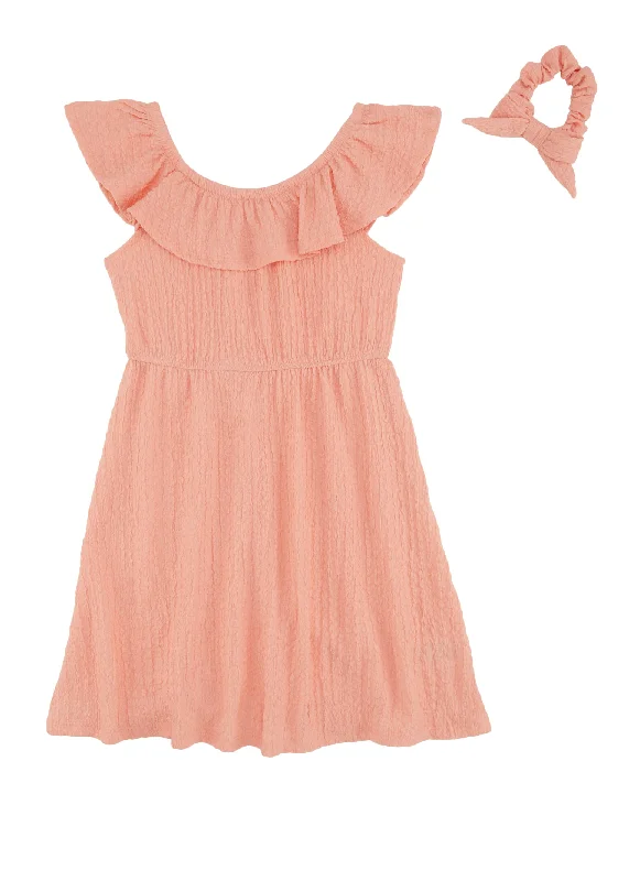 Girls Textured Knit Ruffle Overlay Flare Dress