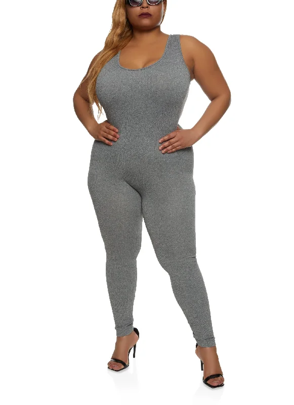 Plus Size Rib Knit Scoop Neck Catsuit