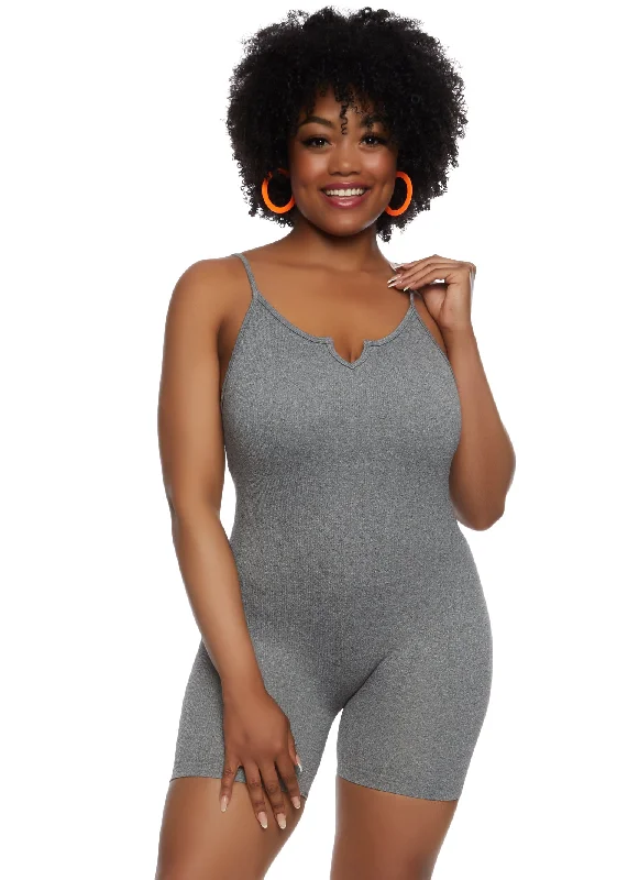 Plus Size Seamless Ribbed Notch Neck Cami Romper