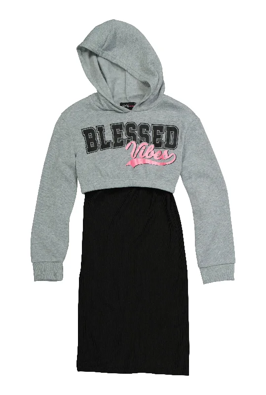 Girls Ribbed Tank Dress with Blessed Vibes Graphic Hoodie