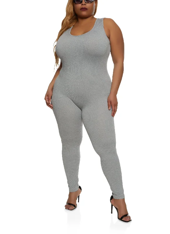 Plus Size Rib Knit Scoop Neck Catsuit