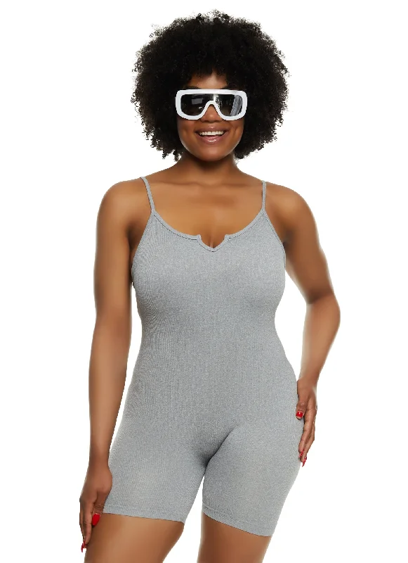 Plus Size Seamless Ribbed Notch Neck Cami Romper