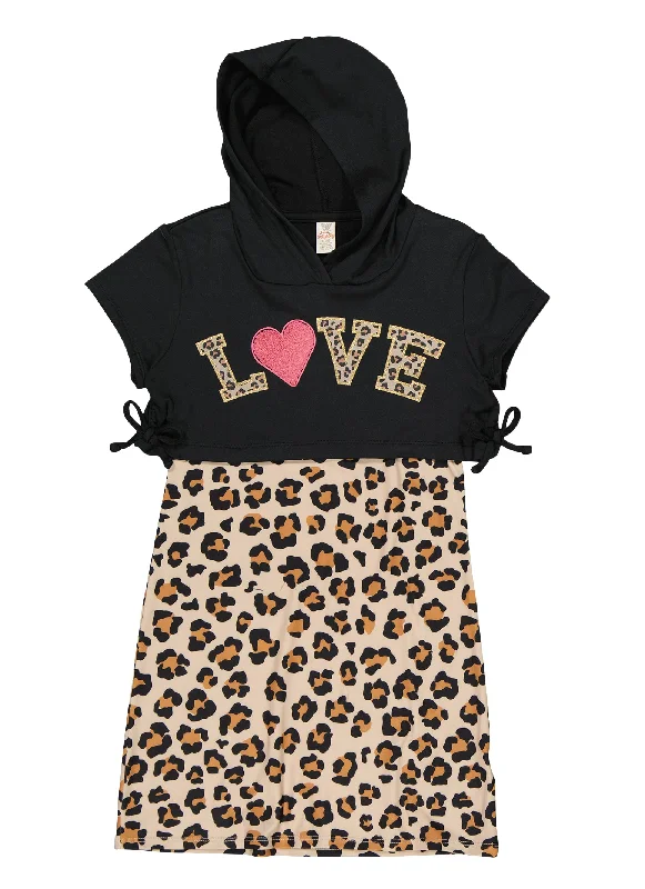 Girls Animal Print Tank Dress with Love Graphic Hoodie