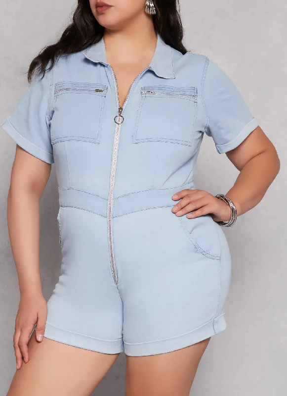 Plus Size Denim Zip Front Pocket Detail Romper