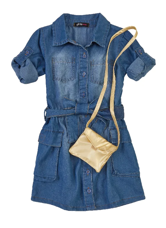 Little Girls Tie Waist Denim Dress with Purse