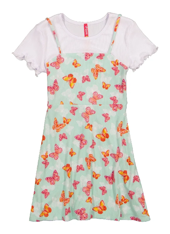 Little Girls Butterfly Print Cami Dress with Ribbed Knit Tee