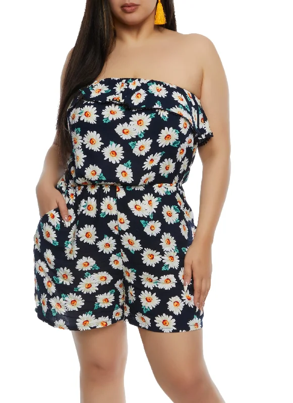 Plus Size Daisy Print Pocket Strapless Romper