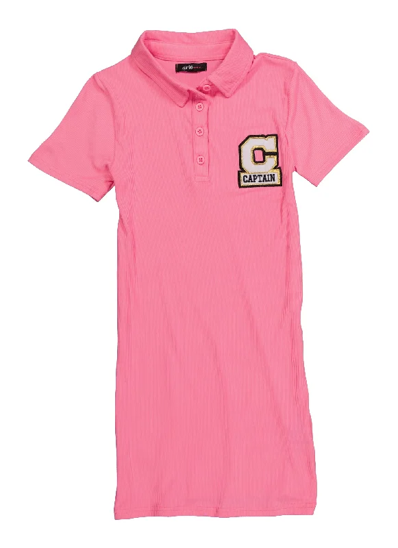 Girls Ribbed Captain Patch Graphic Polo Dress