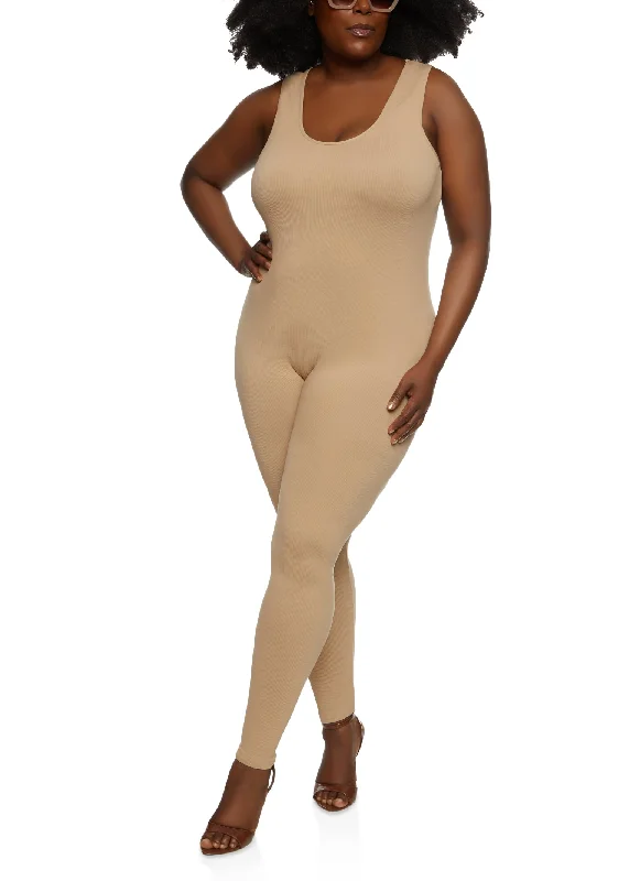 Plus Size Rib Knit Scoop Neck Catsuit