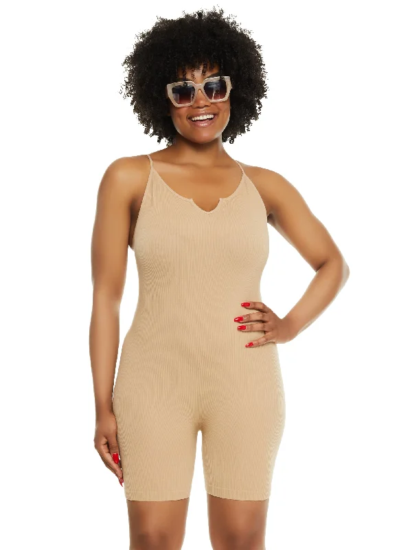 Plus Size Seamless Ribbed Notch Neck Cami Romper