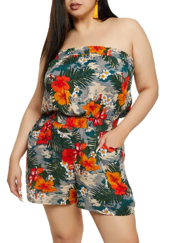 Plus Size Camo Floral Print Strapless Smocked Waist Romper