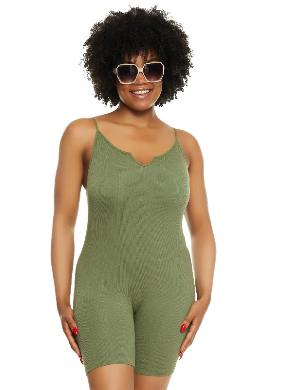 Plus Size Seamless Ribbed Notch Neck Cami Romper