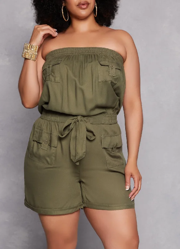 Plus Size Strapless Tie Waist Utility Romper