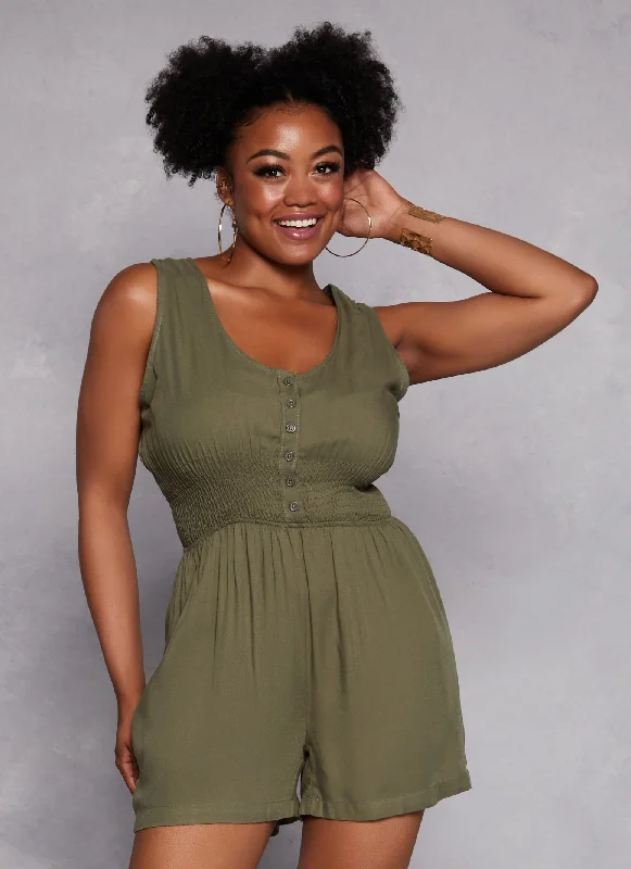 Plus Size Twill Button Front Smocked Waist Romper