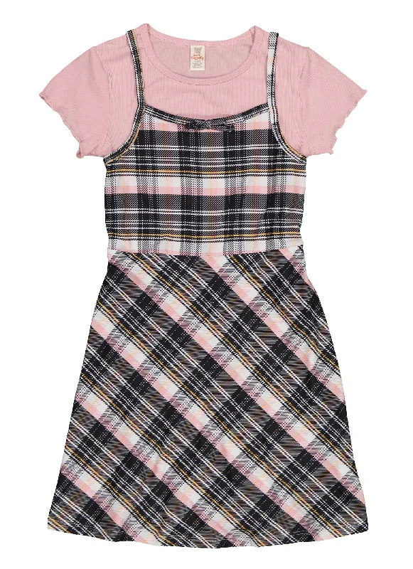 Girls Plaid Cami Dress with Ribbed Tee