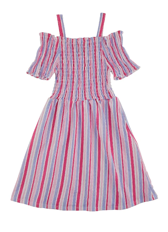 Girls Smocked Cold Shoulder Tiered Striped Dress