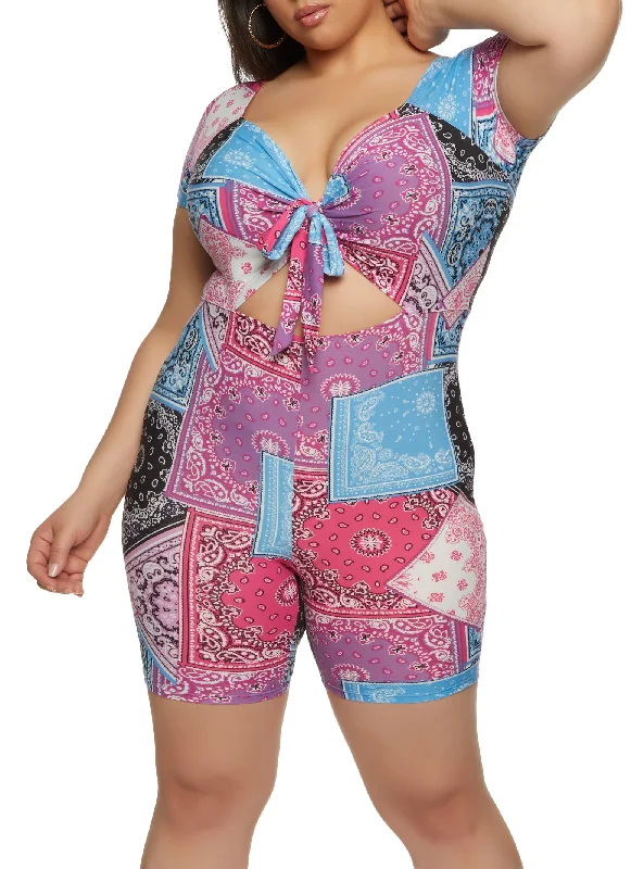 Plus Size Almost Famous Printed Tie Front Cut Out Romper