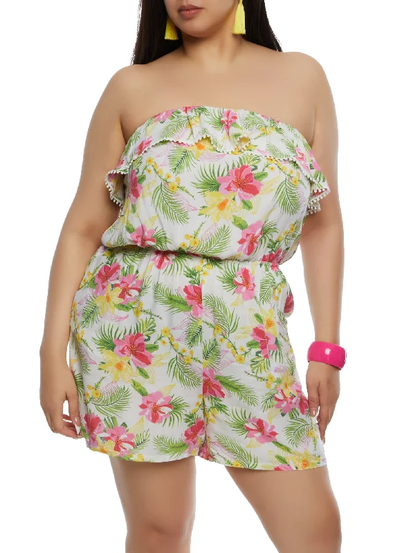 Plus Size Floral Print Pocket Strapless Romper