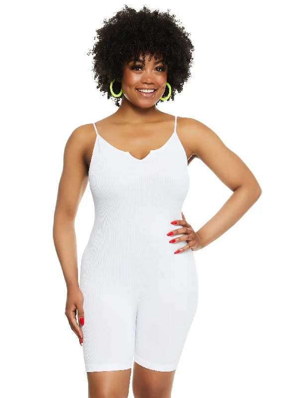 Plus Size Seamless Ribbed Notch Neck Cami Romper