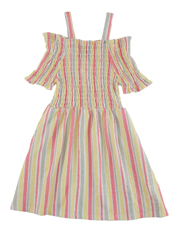 Little Girls Textured Knit Cold Shoulder Striped Dress