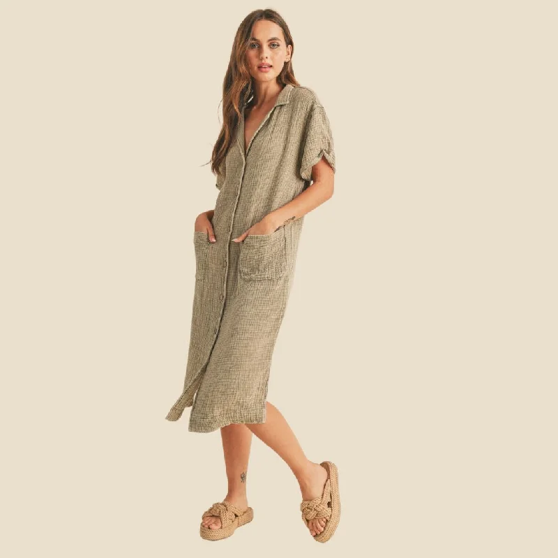 Buttondown Dye and Wash Gauze Shirt Dress (Olive)