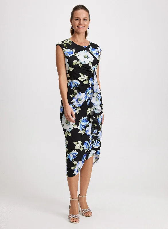 Flounced Asymmetric Floral Dress