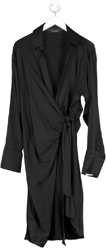 The Summer Edit Black Esme Hammered Silk Wrap Shirt Dress UK S