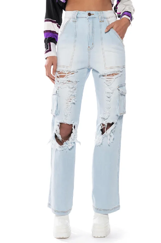 BE REAL DISTRESSED CARGO HIGH RISE JEANS