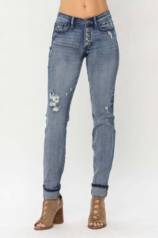 Quinn Button Fly Boyfriend Cuffed Jeans In Dark Wash