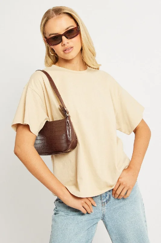 Beige Oversized T Shirt Short Sleeve Crew Neck