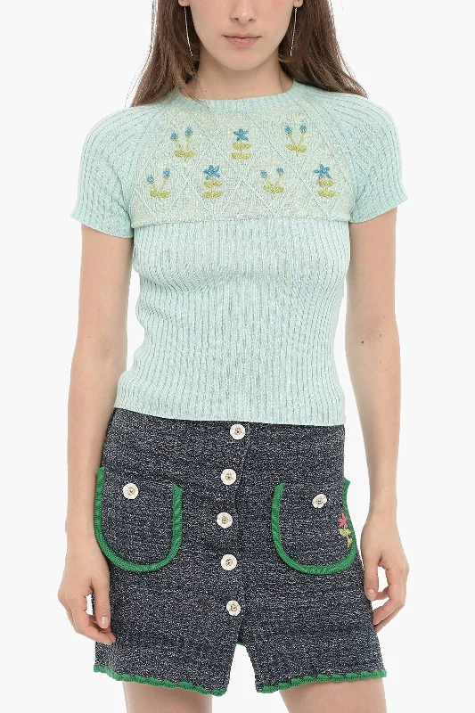 Cormio Short Sleeve Ribbed Crew-Neck Sweater with Lurex Embroiderie