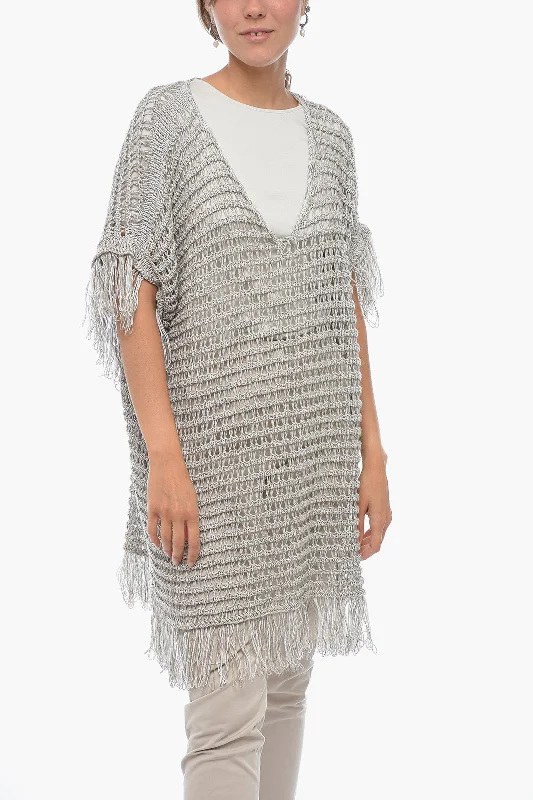 Fabiana Filippi Short-sleeved Flax Blend Crochet Sweater with Fringes