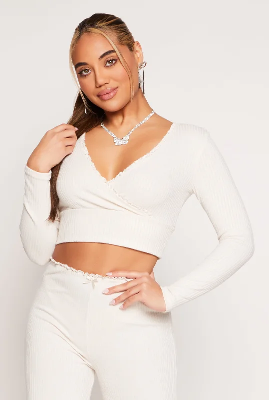 Almost Famous Lace Trim Faux Wrap Crop Top