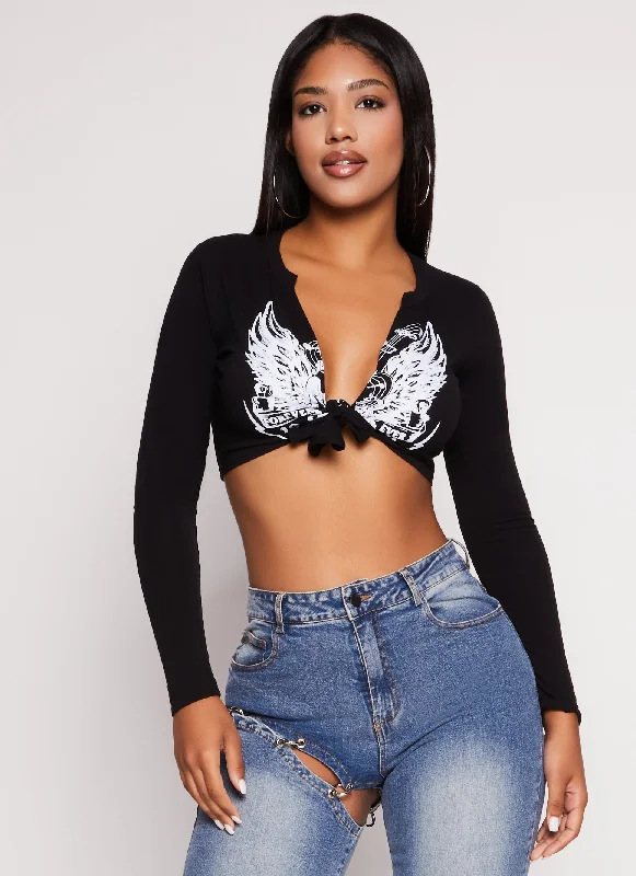 Plunge Graphic Tie Front Crop Top