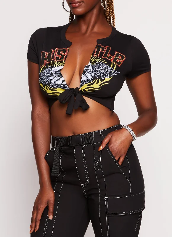 Hustle Graphic Tie Front Crop Top