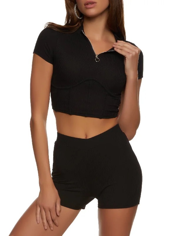 Ribbed Zip Neck Corset Detail Crop Top