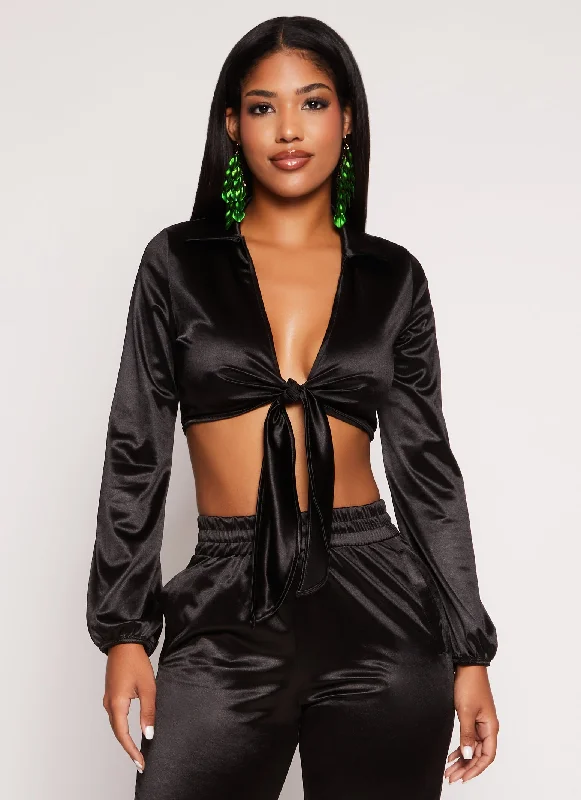 Satin Tie Front Long Sleeve Crop Top