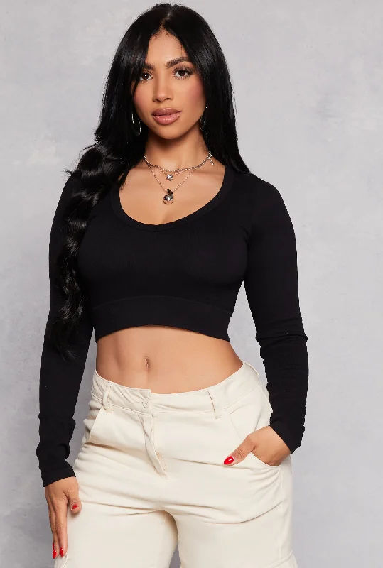 Seamless Ribbed Knit Long Sleeve Crop Top