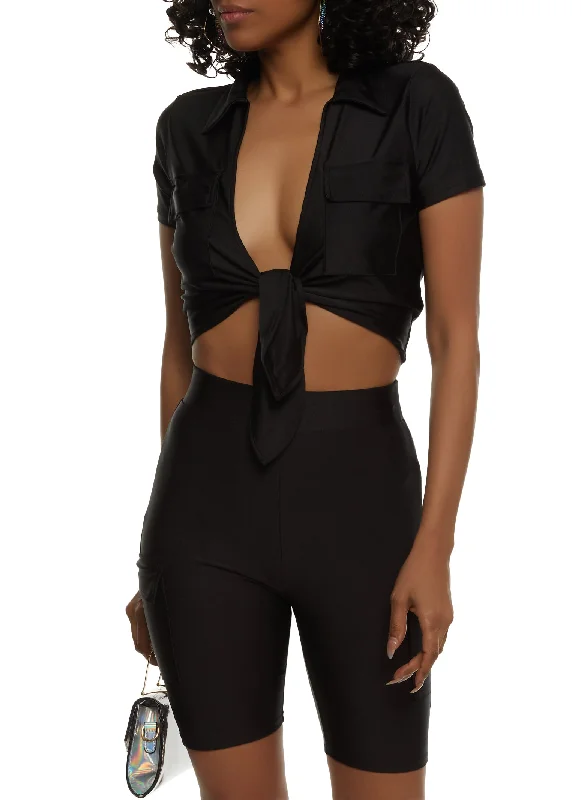 Spandex Flap Pocket Tie Front Crop Top