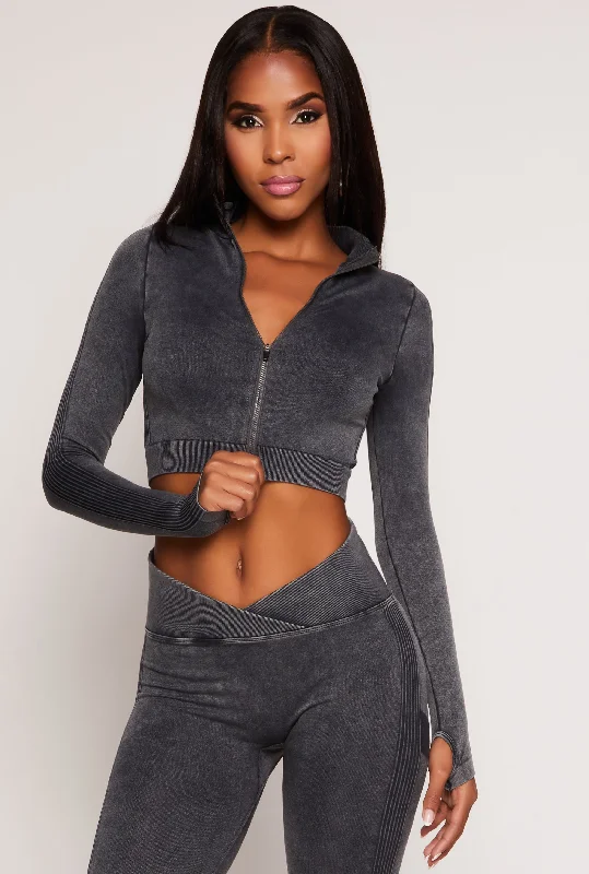 Seamless Ribbed Knit Zip Front Crop Top