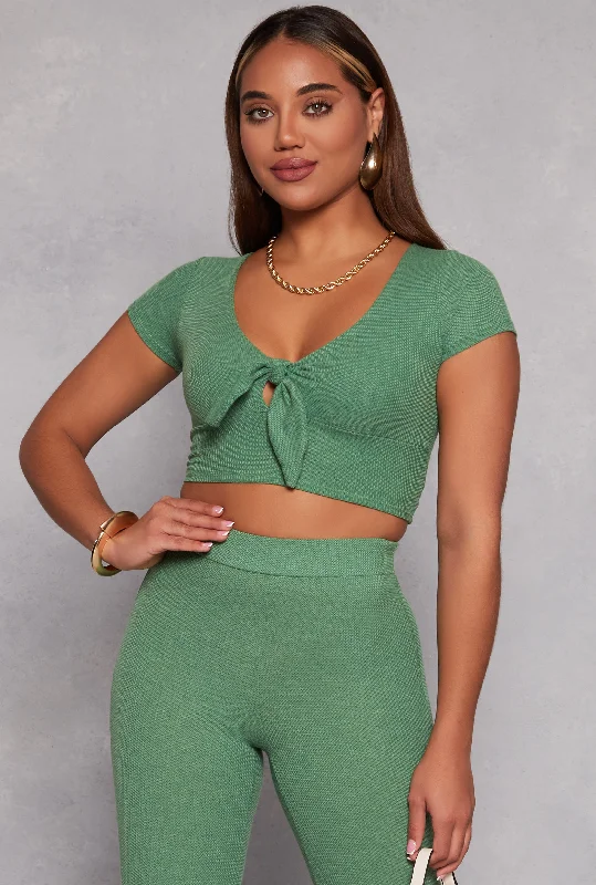 Waffle Knit Tie Front Crop Top